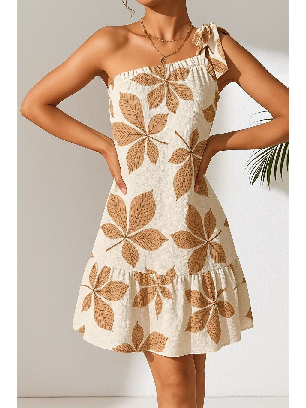 Sarı Kadın Camel Beyaz Çiçek Desenli Tek Omuz Bağlamalı Fırfırlı Krinkıl Elbise