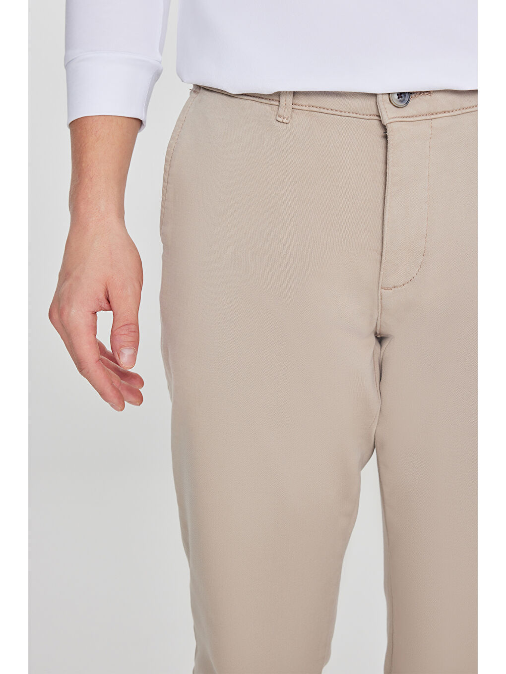 Erkek Bej Pamuklu Slim Fit Dar Kesim Yan Cep Casual Pantolon-3