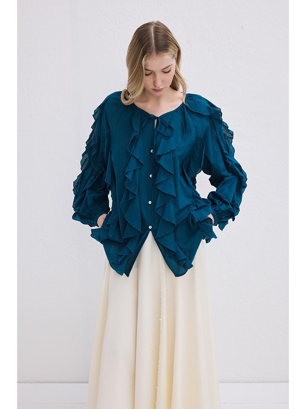 Rosa Fırfırlı Vual Gömlek Petrol Yeşili-3