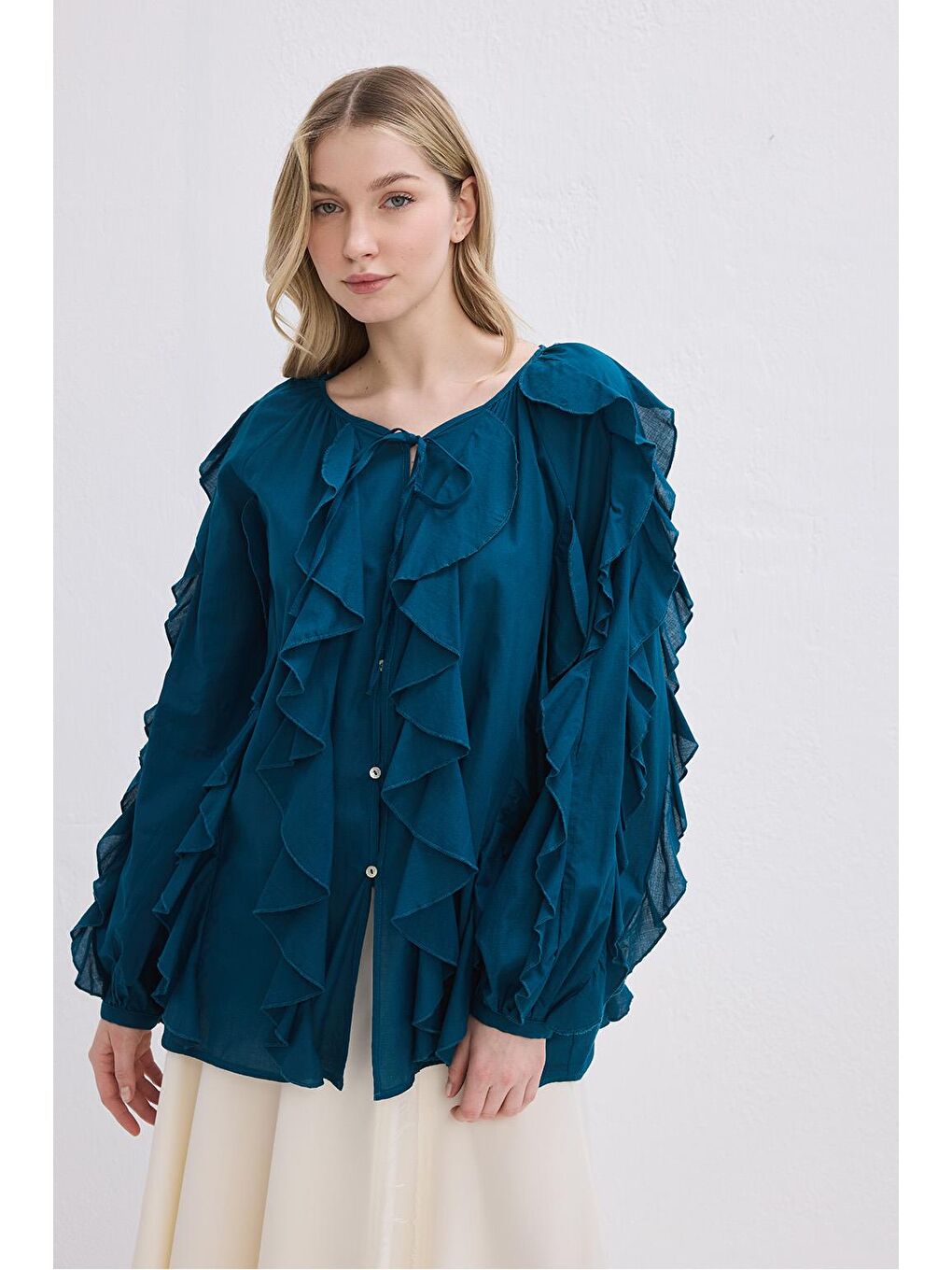 Rosa Fırfırlı Vual Gömlek Petrol Yeşili-4