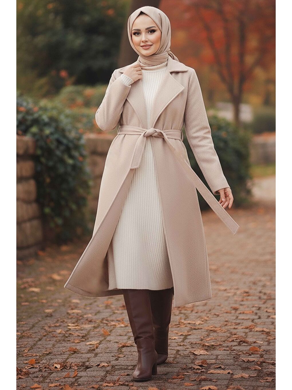 Kuşaklı Kaşe Kaban Bej - 28009-BEJ-1