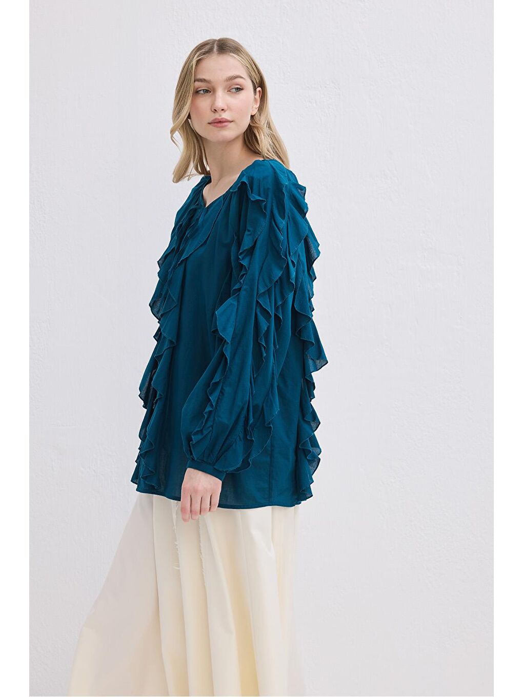 Rosa Fırfırlı Vual Gömlek Petrol Yeşili-5