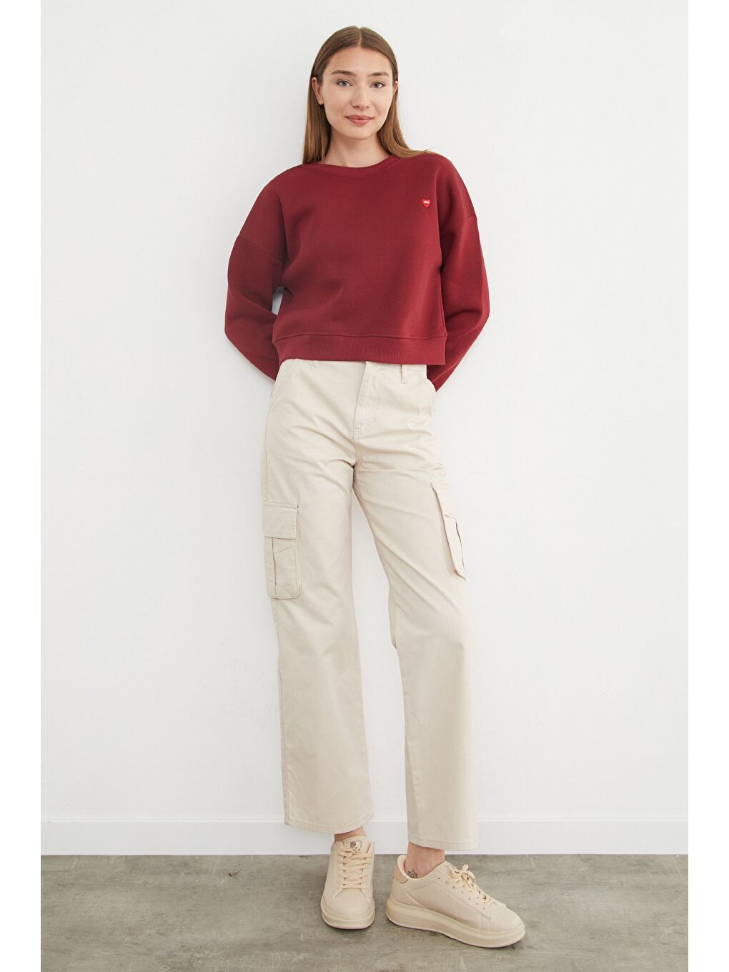 Bordo 3 İplik Kalp Nakışlı Bisiklet Yaka Sweatshirt-1