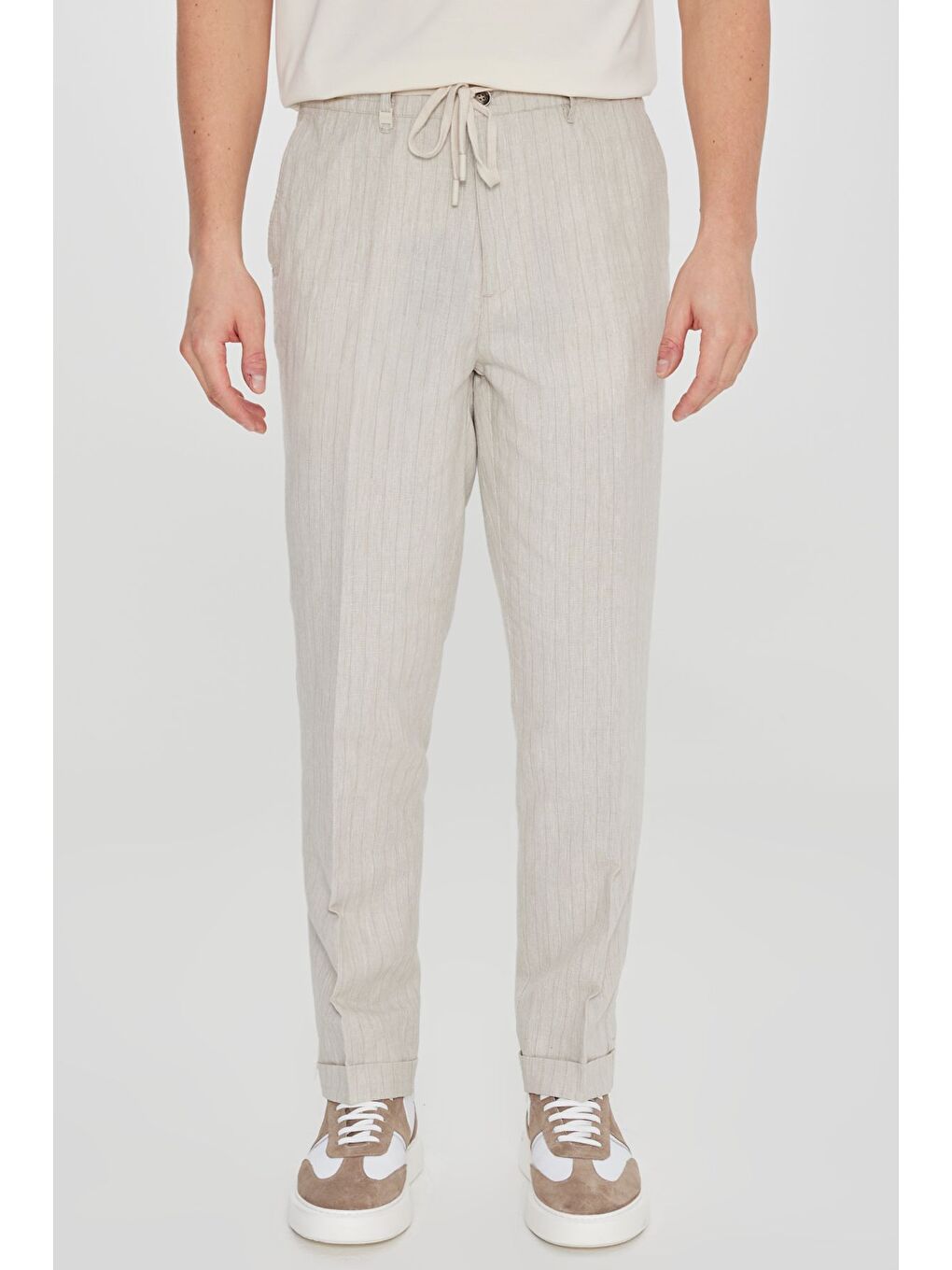 Erkek Bej Pamuklu Keten Slim Fit Dar Kesim Beli Bağlamalı Çizgili Pantolon-1