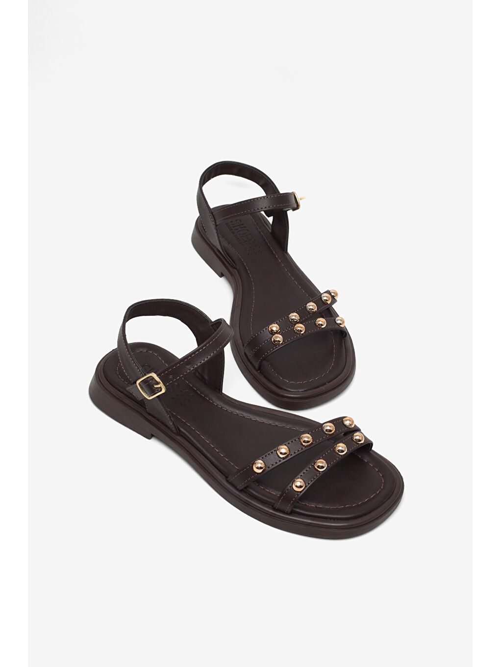 Kahverengi Kadın Kahve Rahat Kalıp Çift Bantlı Tokalı Taşlı Sandalet-2