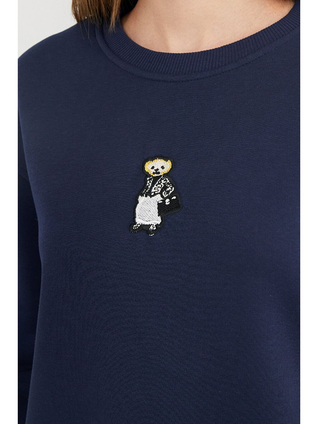 Lacivert 3 İplik Ayıcık Nakışlı Bisiklet Yaka Sweatshirt-4