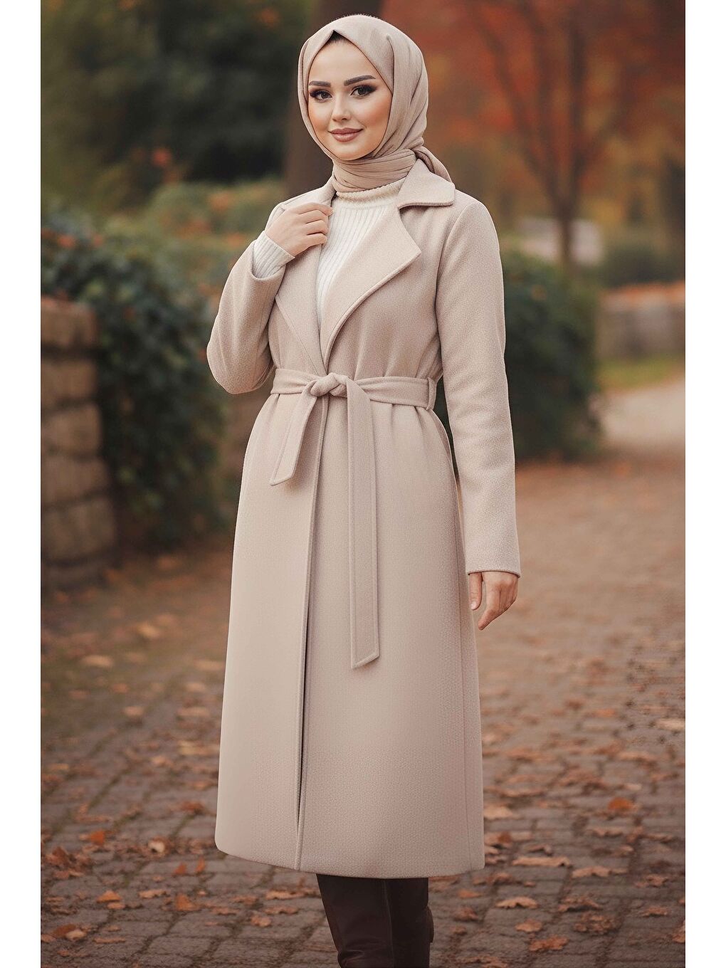 Kuşaklı Kaşe Kaban Bej - 28009-BEJ-2