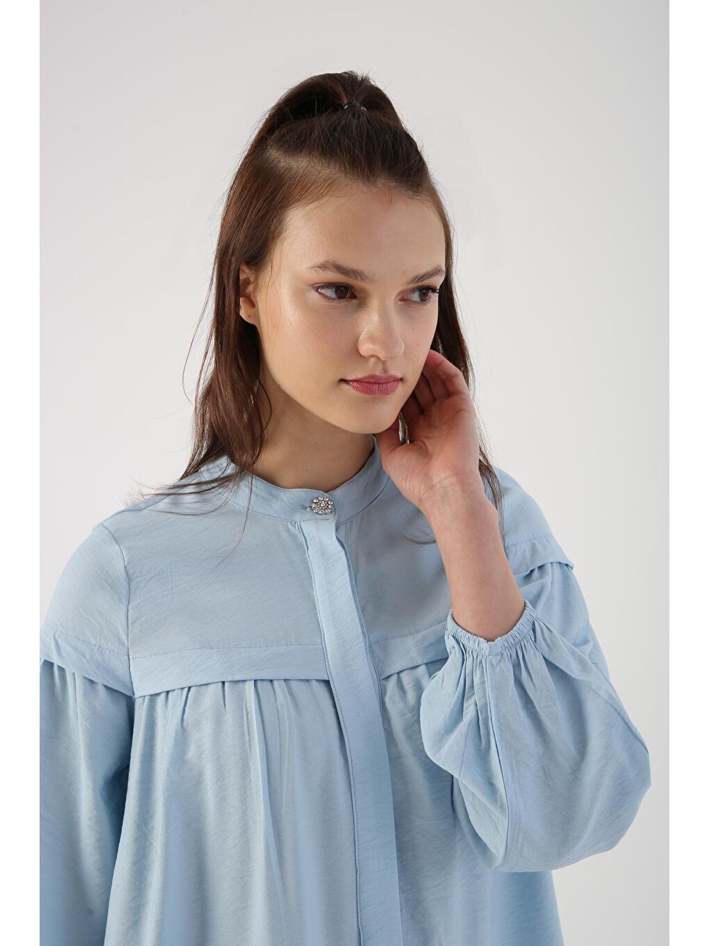 Açık Mavi Eteği Ve Rabosu Büzgülü Viskon Gömlek Tunik-4