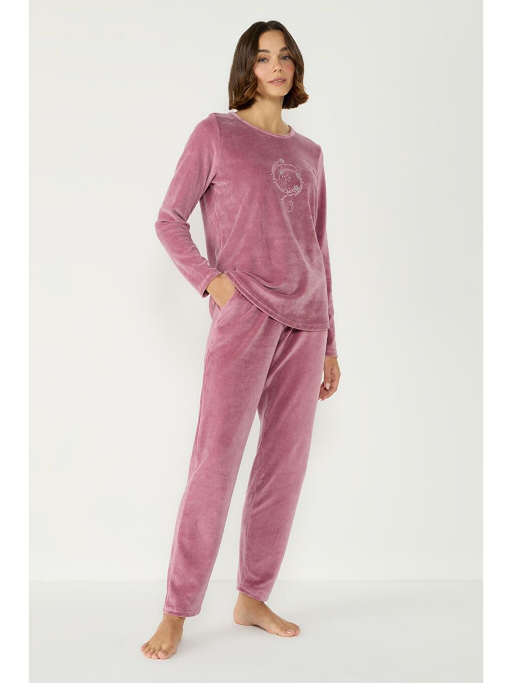 Kadife Bisiklet Yaka Uzun Kol Pijama Takım 403080 Pembe-1