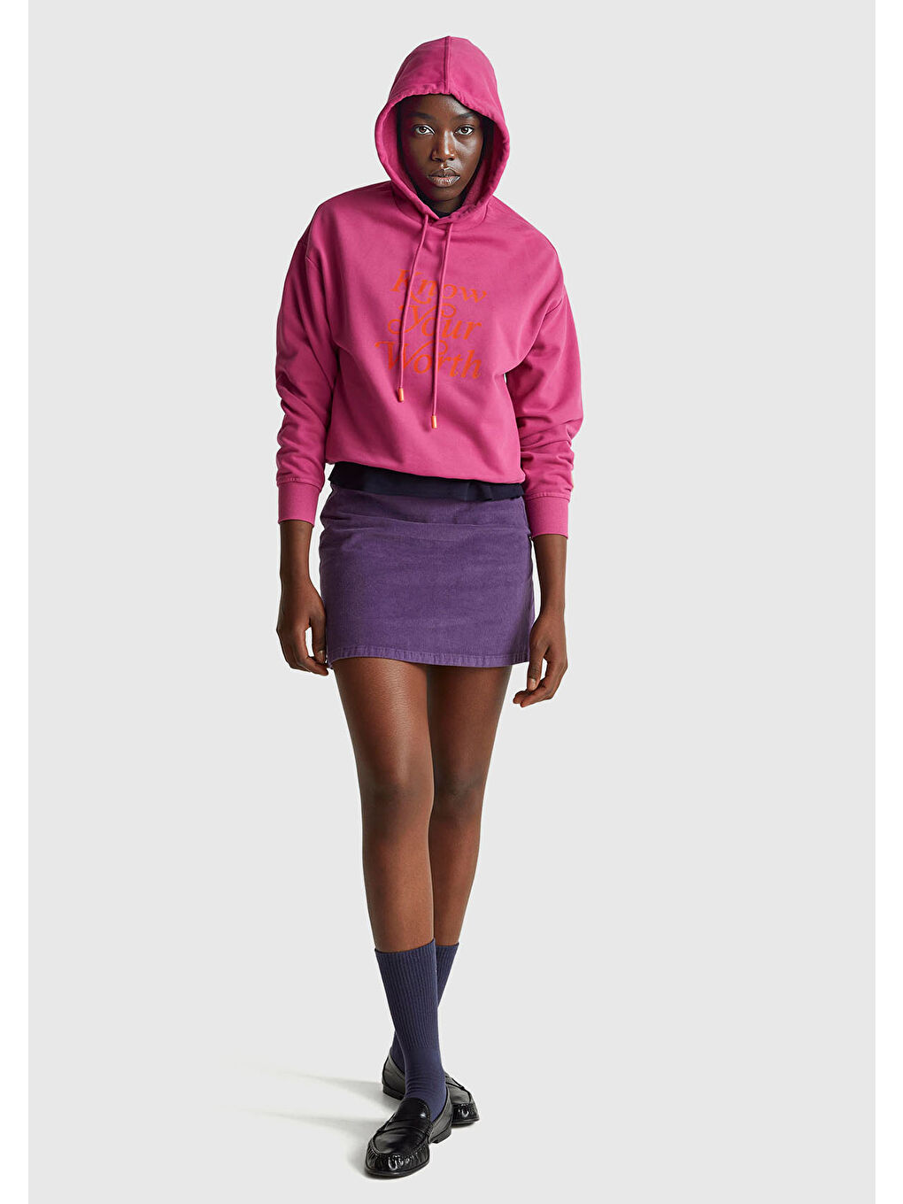 Kadın Koyu Pembe Pamuk Karışımlı Önü Yazı Baskılı Kapüşonlu Sweatshirt-4