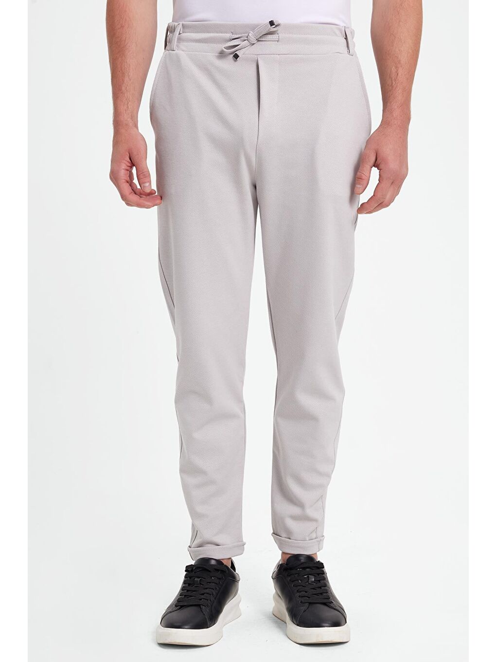 Erkek Slim Fit Pamuklu Beli Bağlamalı Yan Cepli Katlamalı Paça Jogger Gri Pantolon