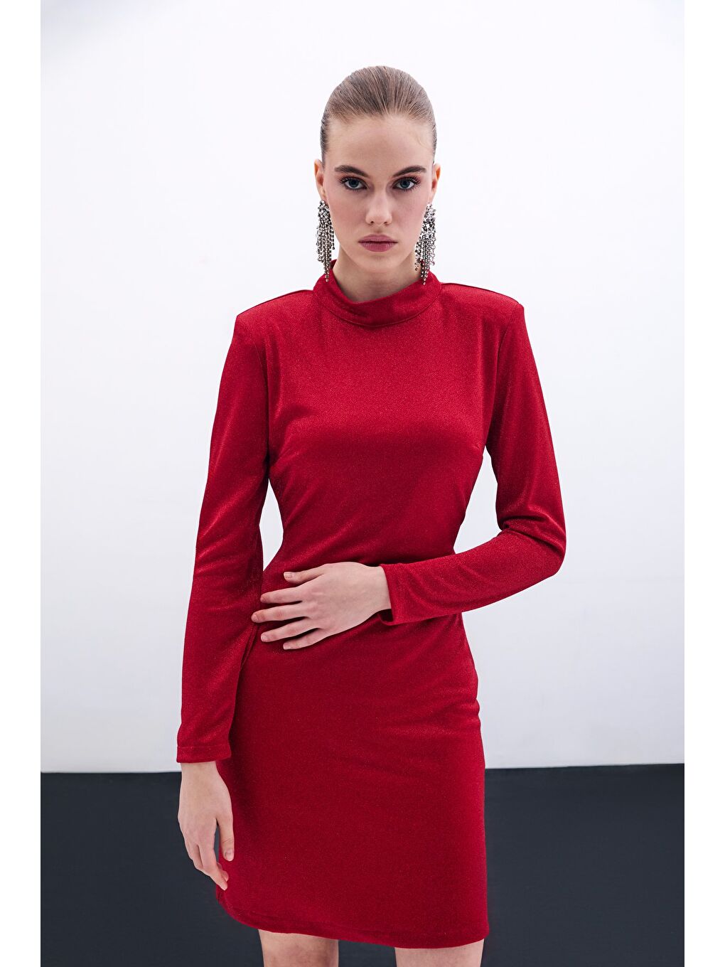 Parlak Kısa Elbise - Kırmızı-5