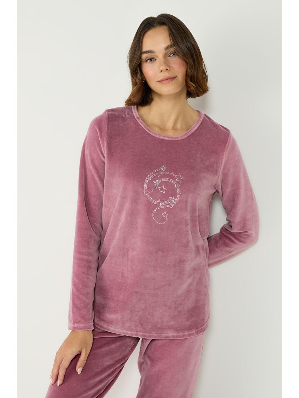 Kadife Bisiklet Yaka Uzun Kol Pijama Takım 403080 Pembe-2