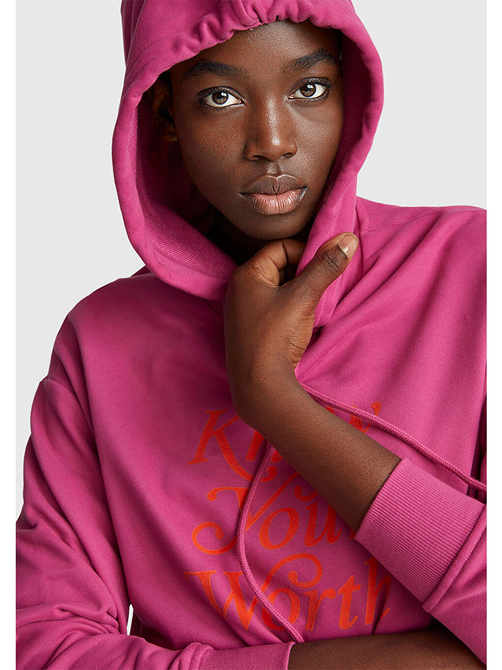 Kadın Koyu Pembe Pamuk Karışımlı Önü Yazı Baskılı Kapüşonlu Sweatshirt-5