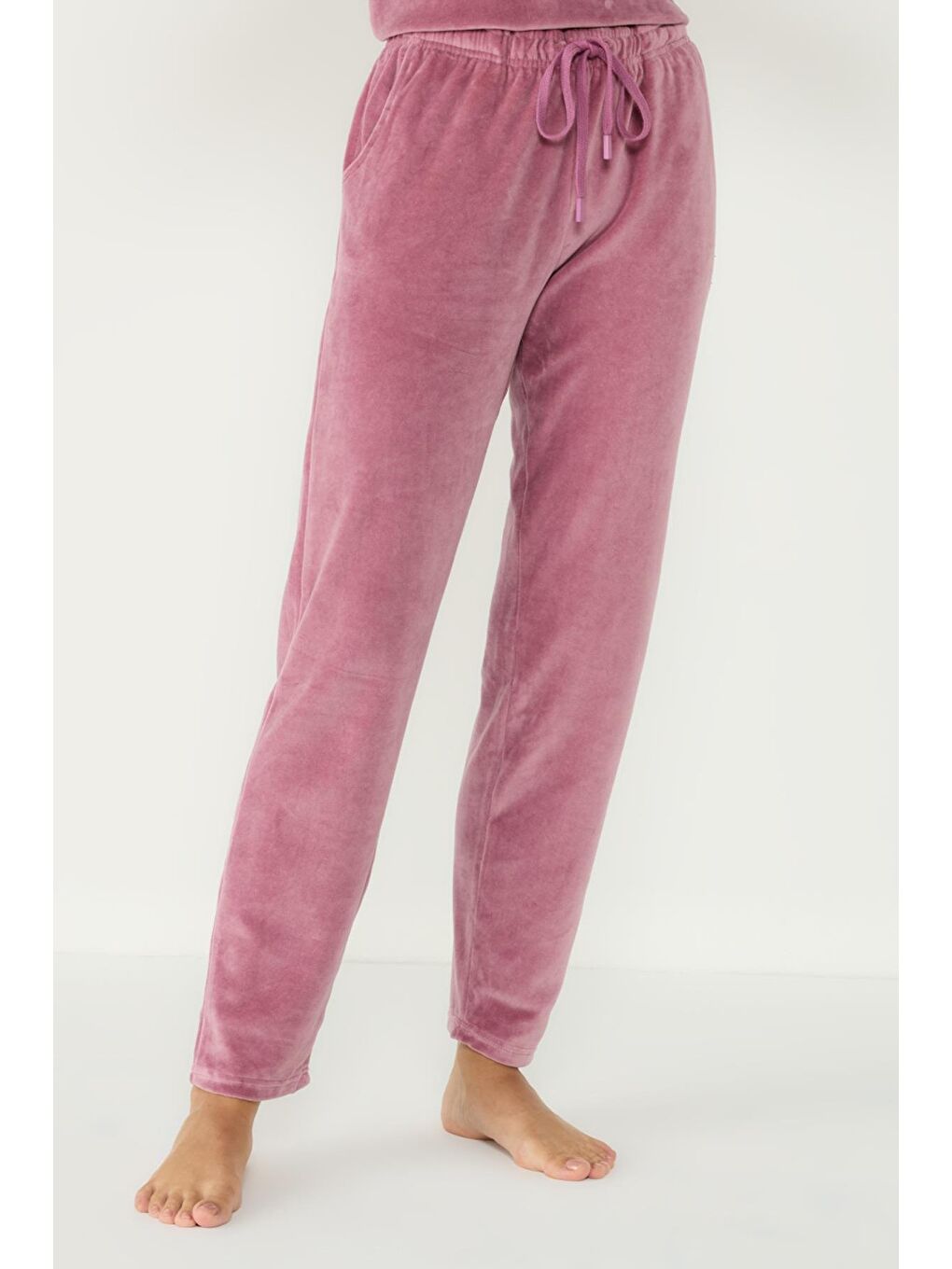 Kadife Bisiklet Yaka Uzun Kol Pijama Takım 403080 Pembe-3