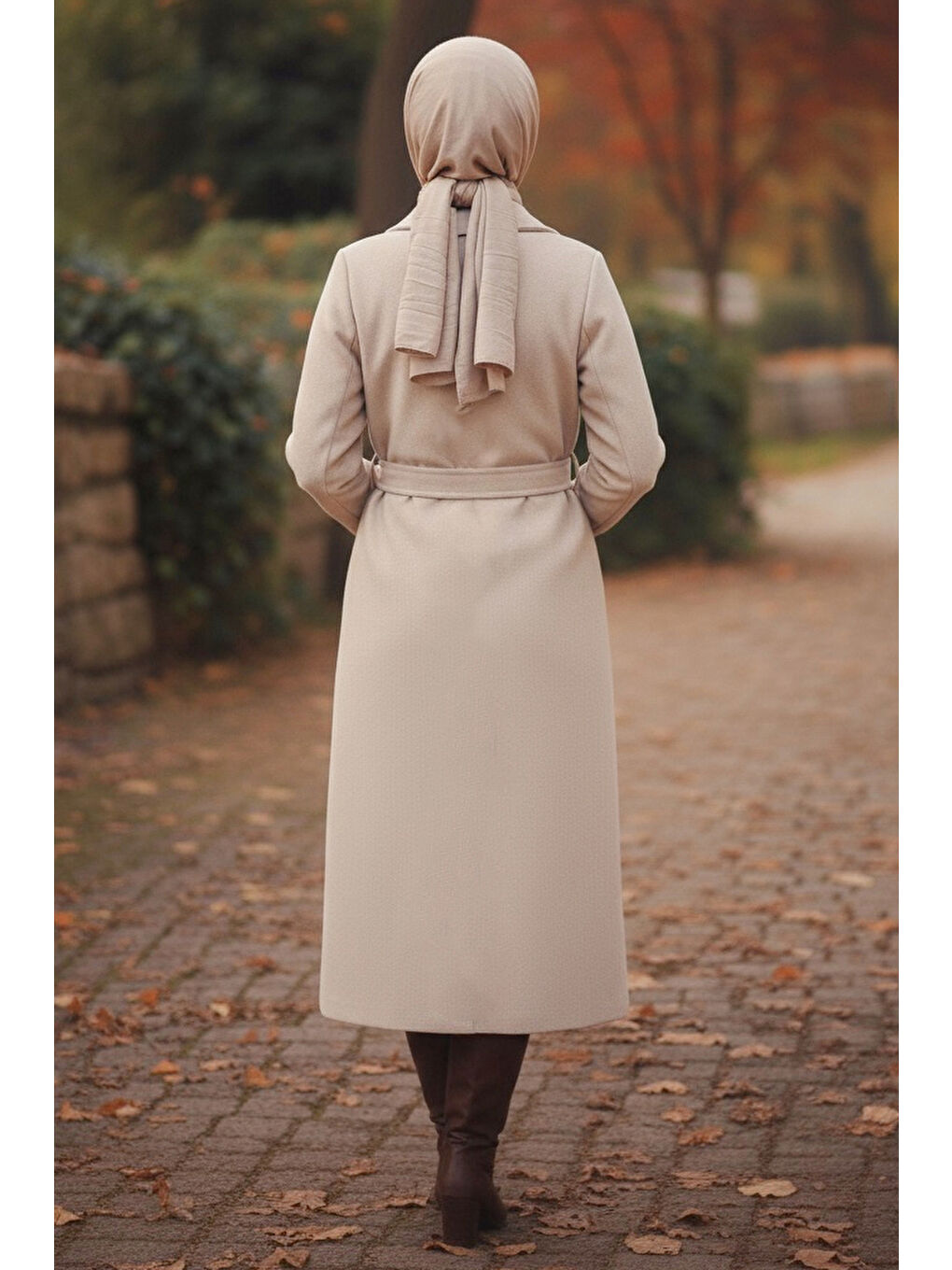 Kuşaklı Kaşe Kaban Bej - 28009-BEJ-3