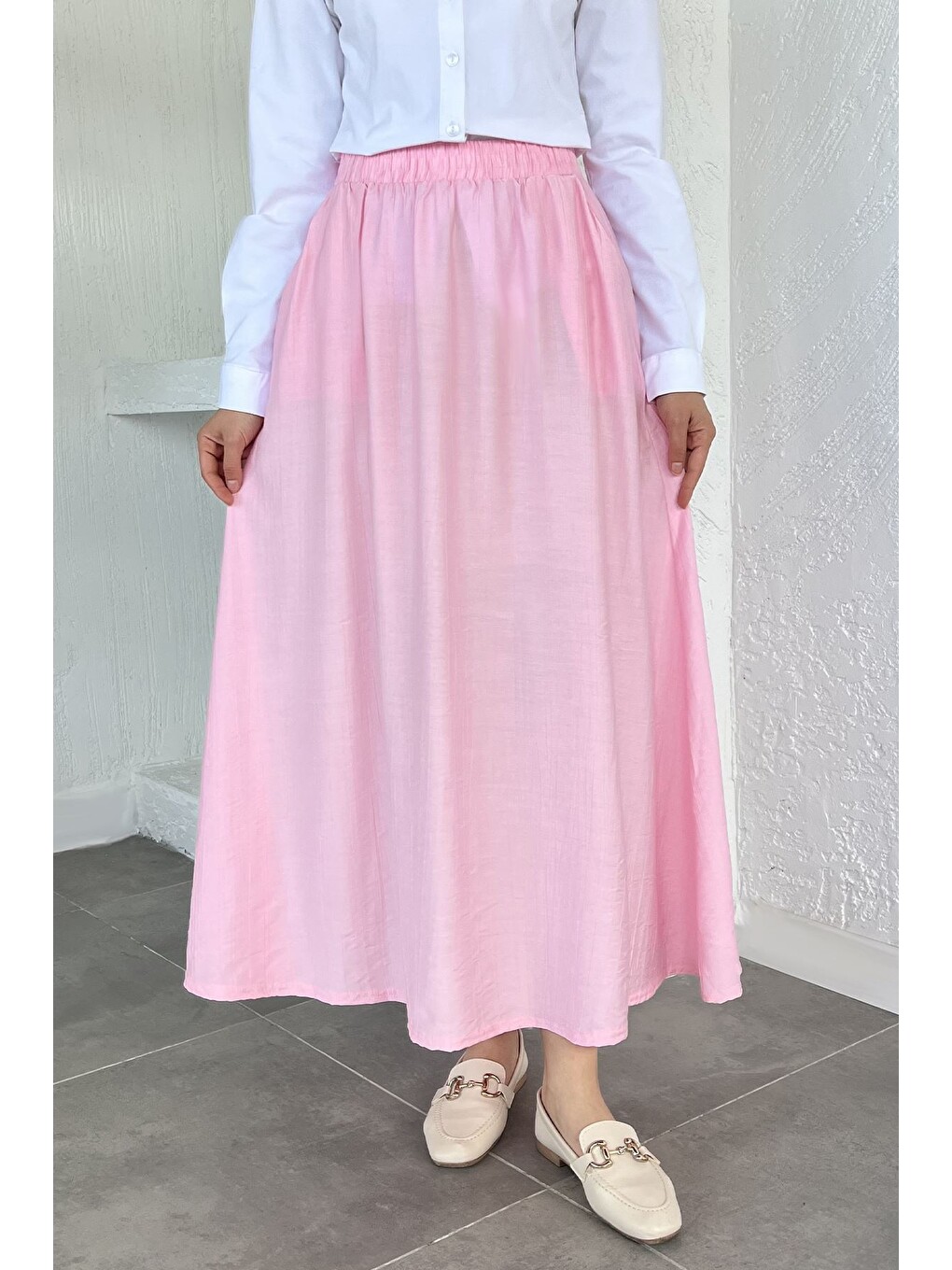Pembe Bel Lastikli Cepli Tesettür Etek-1