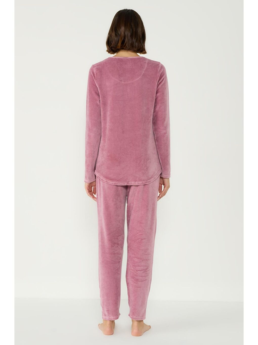 Kadife Bisiklet Yaka Uzun Kol Pijama Takım 403080 Pembe-5