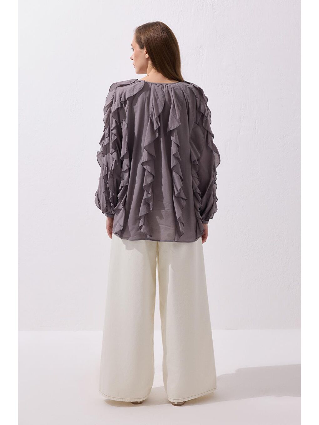 Rosa Fırfırlı Vual Gömlek Duman Gri-4