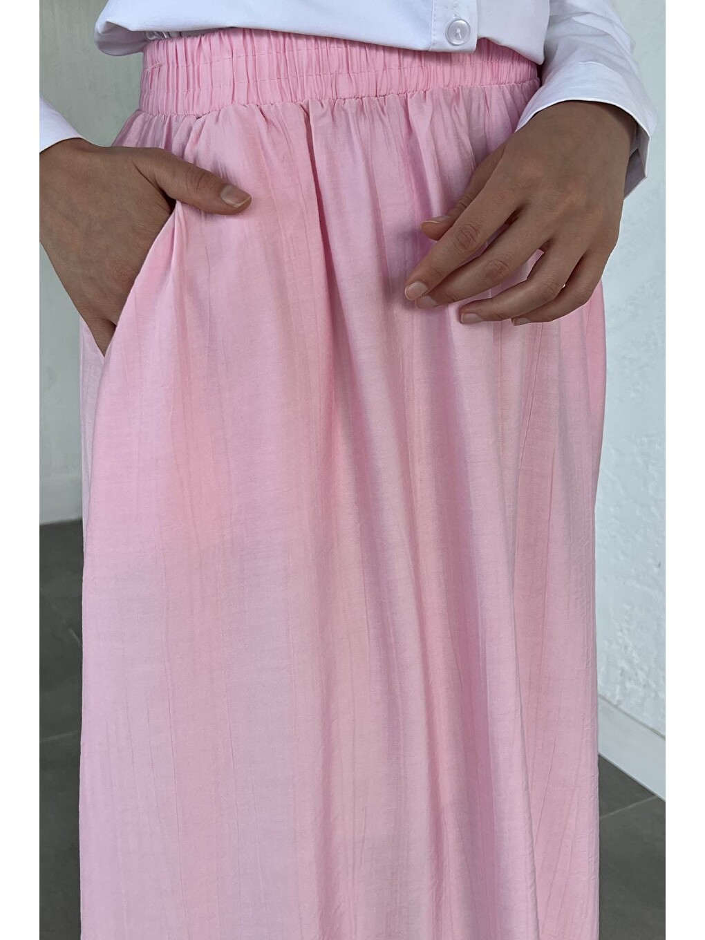 Pembe Bel Lastikli Cepli Tesettür Etek-3
