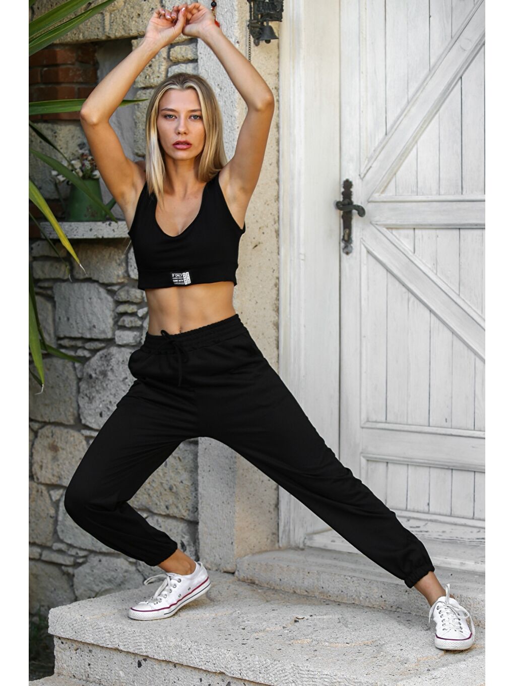 Siyah Çift Cepli Örme Casual Pantolon