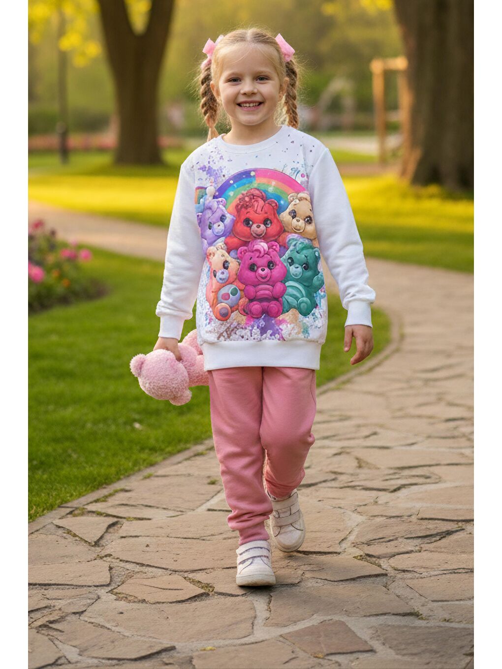 Pembe Kız Çocuk Gul Kurusu Baskılı Pijama Takımı - 28107-GUL-KURUSU