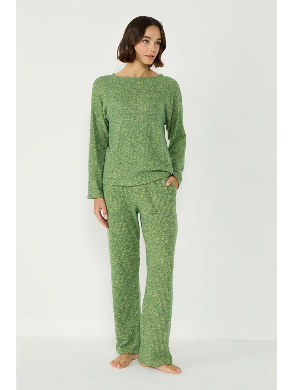 Kaşkorse Kayık Yaka Düşük Omuz Uzun Kol Cepli Bol Pantolon Takım 405048 Haki-2