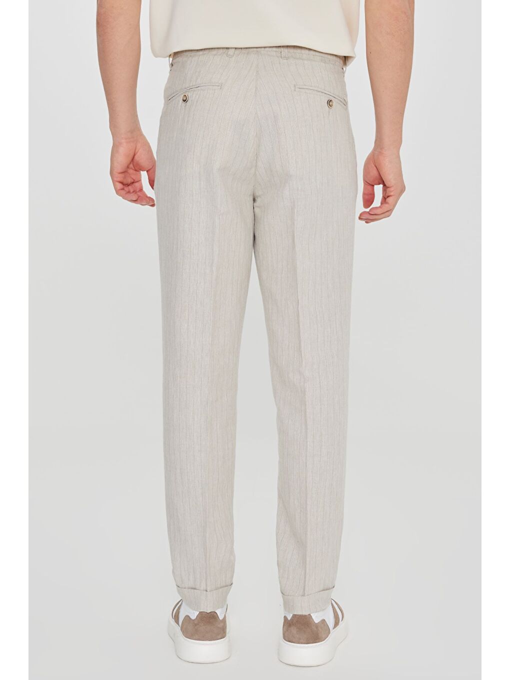 Erkek Bej Pamuklu Keten Slim Fit Dar Kesim Beli Bağlamalı Çizgili Pantolon-4