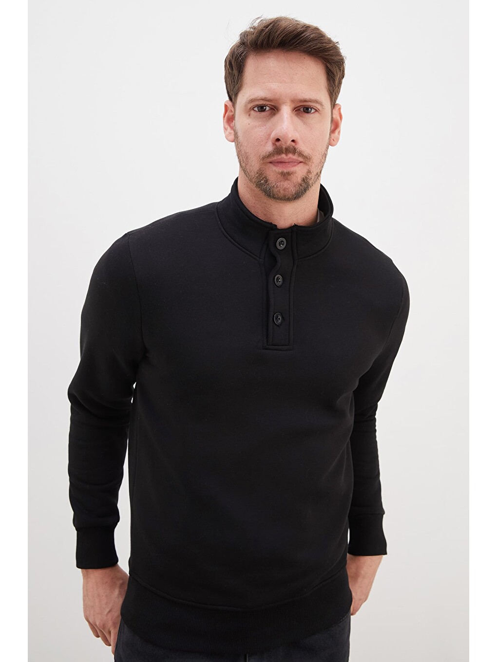Siyah 3 İplik Yarım Düğmeli Dik Yaka Sweatshirt-1