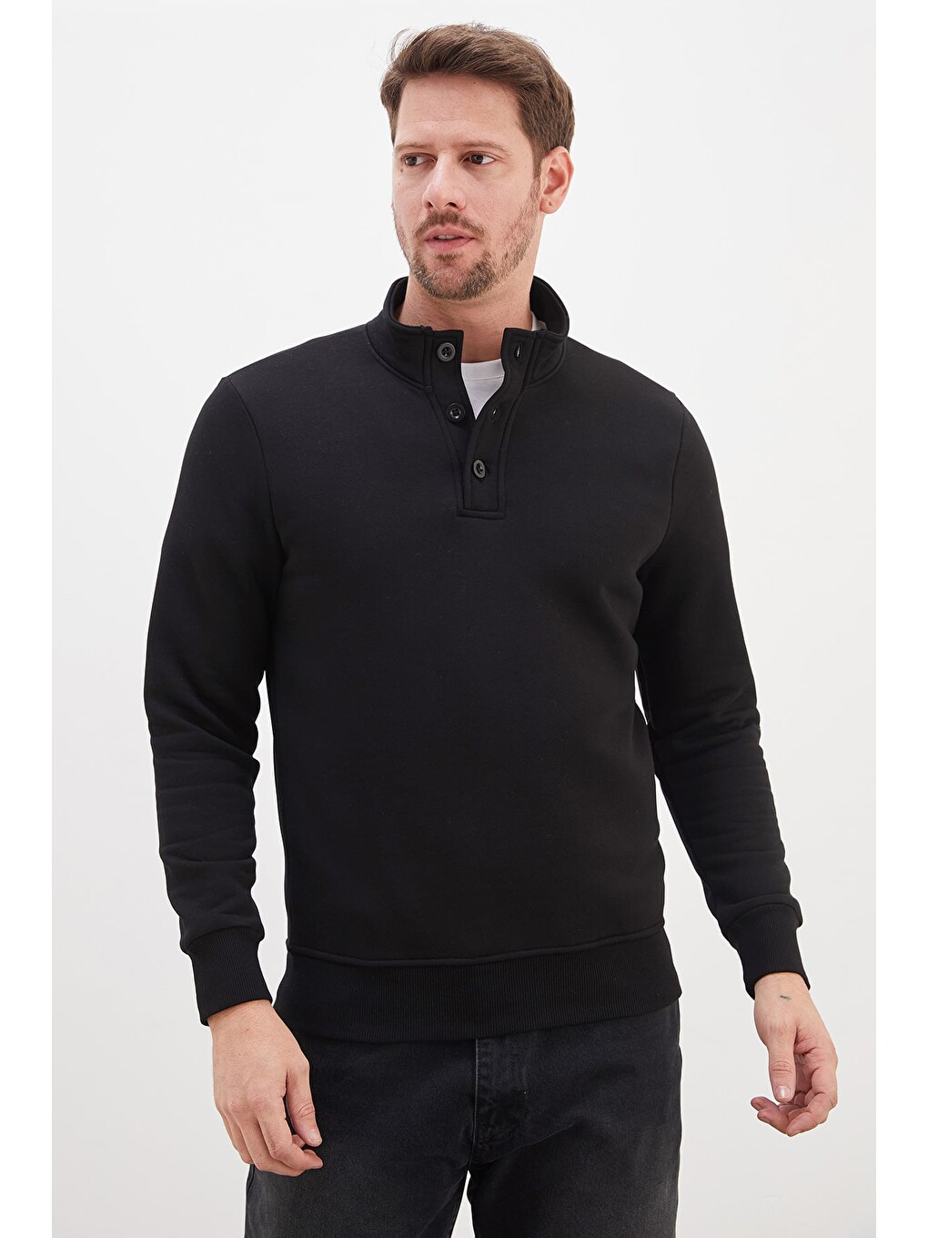 Siyah 3 İplik Yarım Düğmeli Dik Yaka Sweatshirt-2