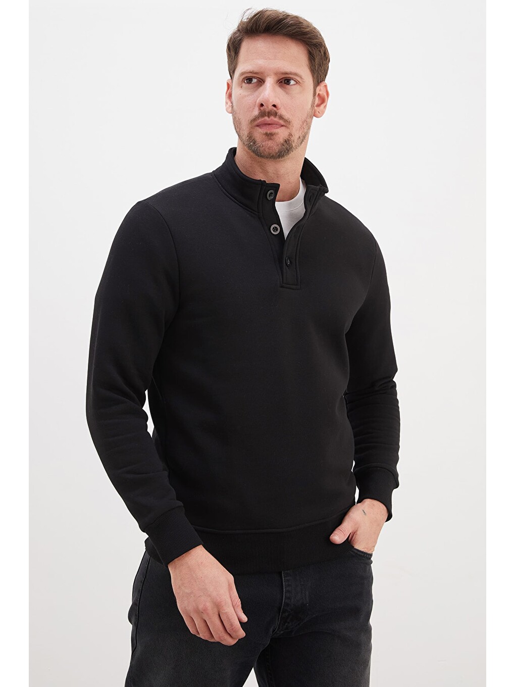 Siyah 3 İplik Yarım Düğmeli Dik Yaka Sweatshirt-3