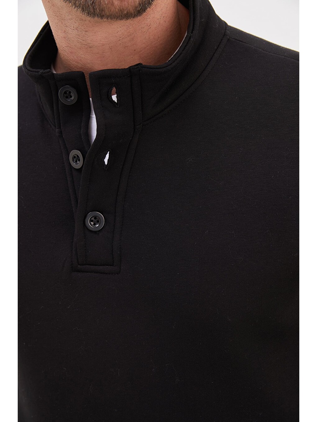 Siyah 3 İplik Yarım Düğmeli Dik Yaka Sweatshirt-4
