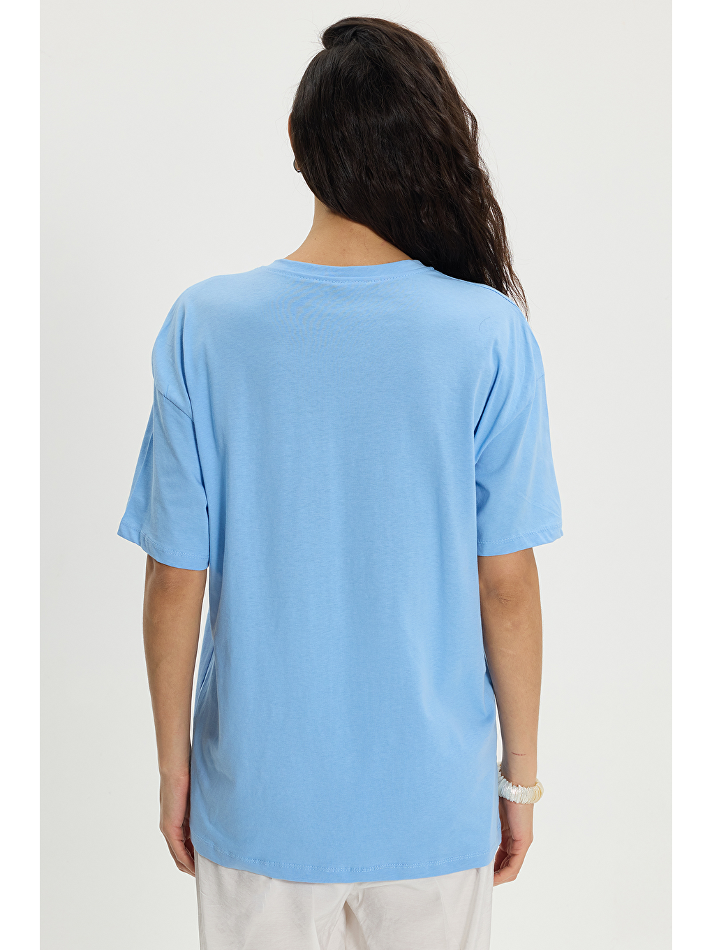 Kadın Oversize Geniş Kesim %100 Pamuk Bisiklet Yaka Kısa Kollu Baskılı Mavi Tişört-5