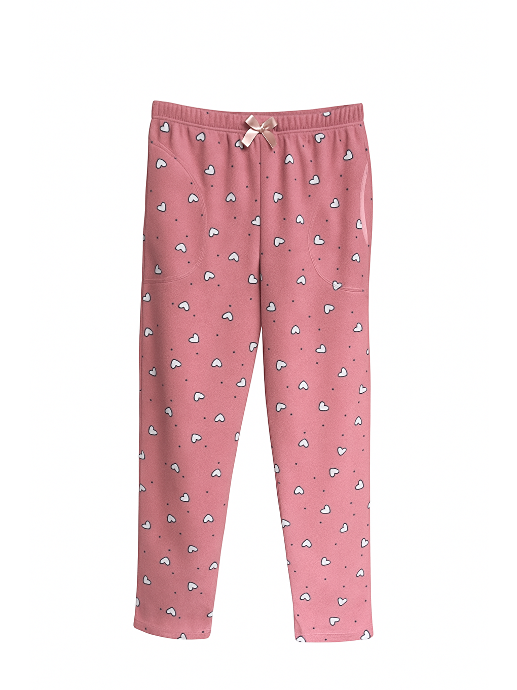 Beyaz Kadın Pudra Kalpli Polar Cepli Kışlık Kalın Kaliteli Pijama Altı