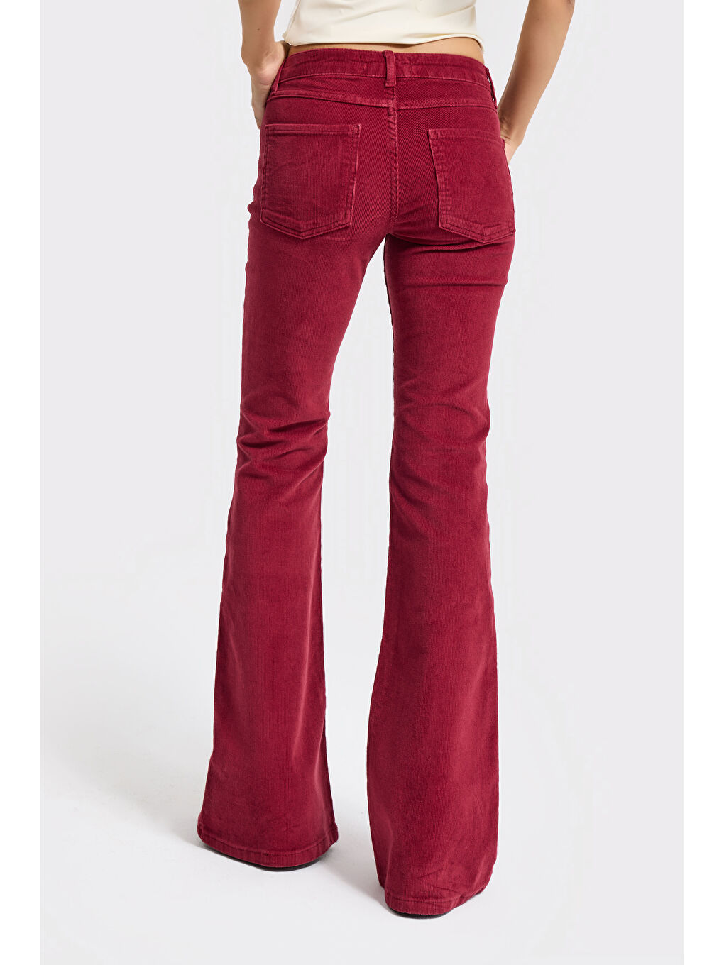Kadın Bordo Renk 26w5-35 Flare Fit İnce Fitilli Velvet Kadife Kumaş Pantolon-2