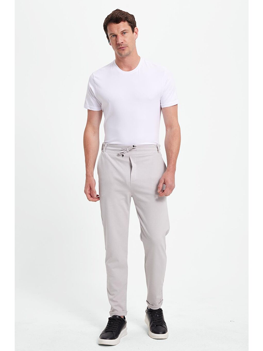 Erkek Slim Fit Pamuklu Beli Bağlamalı Yan Cepli Katlamalı Paça Jogger Gri Pantolon-3