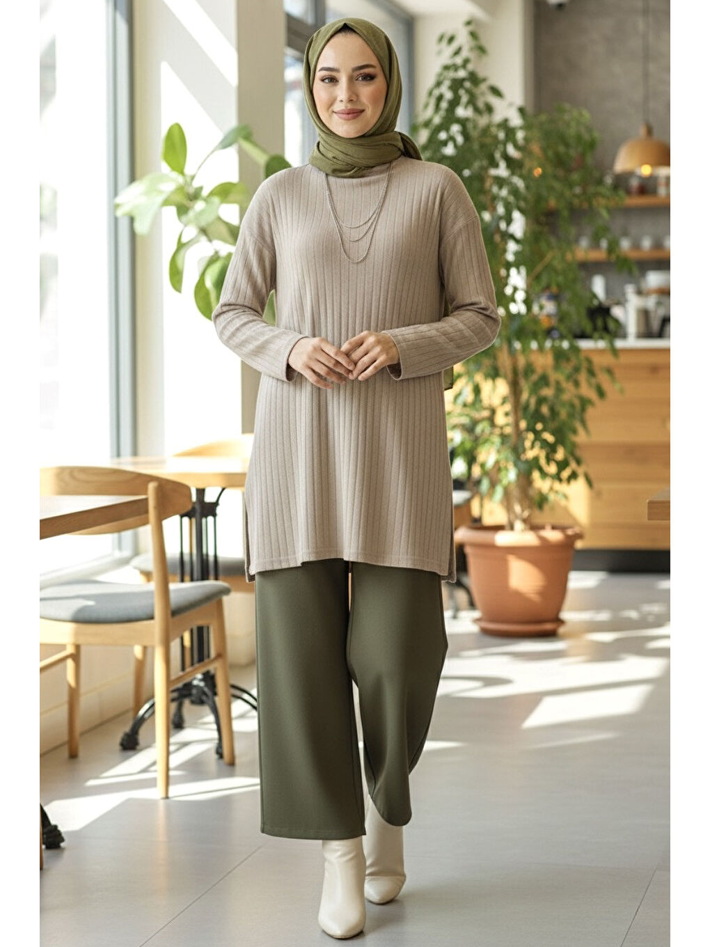 İnterlok Yırtmaçlı Tunik Bej - 27994-BEJ-1