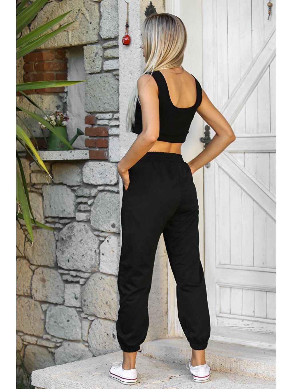 Siyah Çift Cepli Örme Casual Pantolon-1