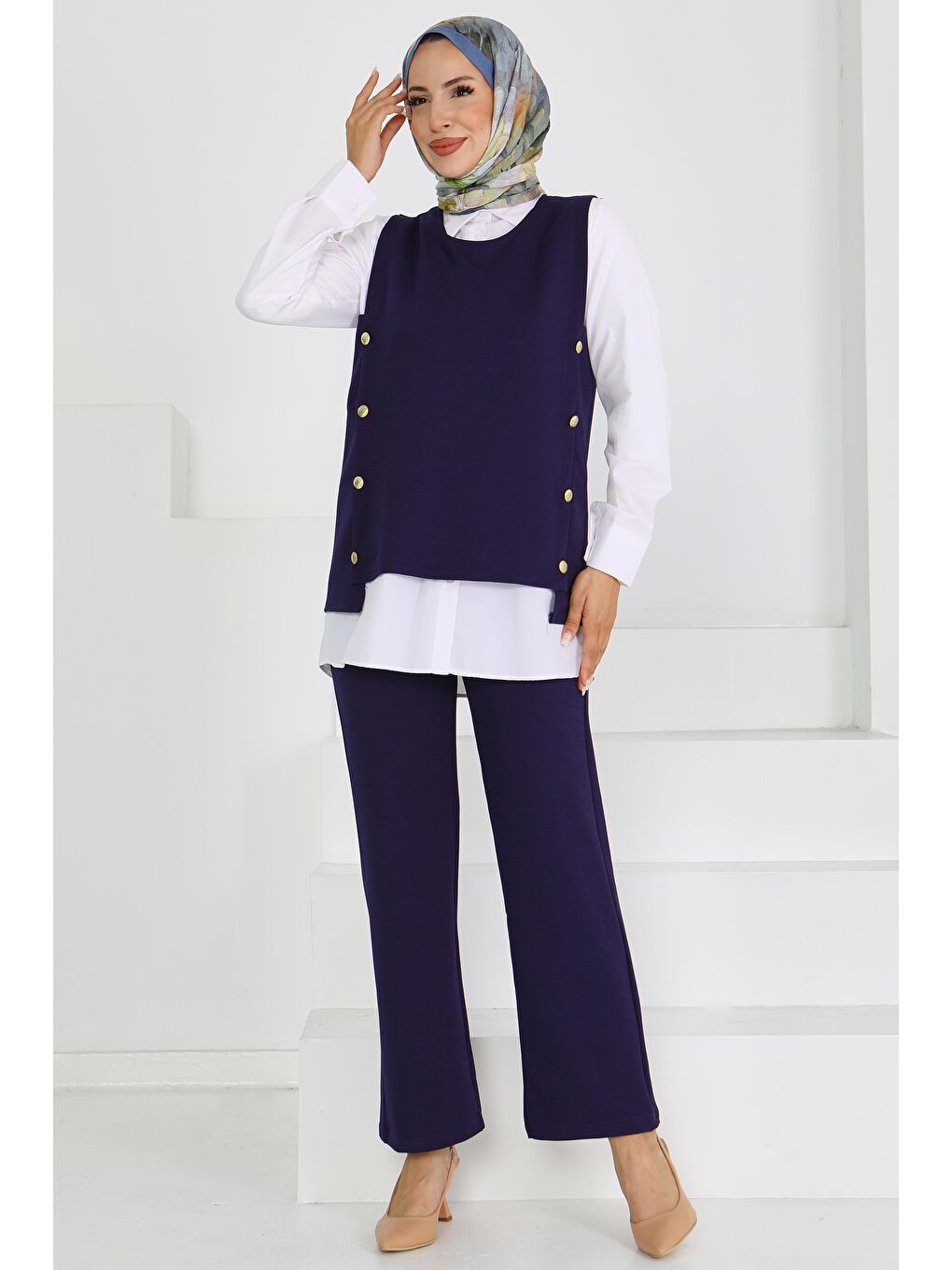 Düğmeli Süveter Pantolon Mira Takım Lacivert - 27613-2