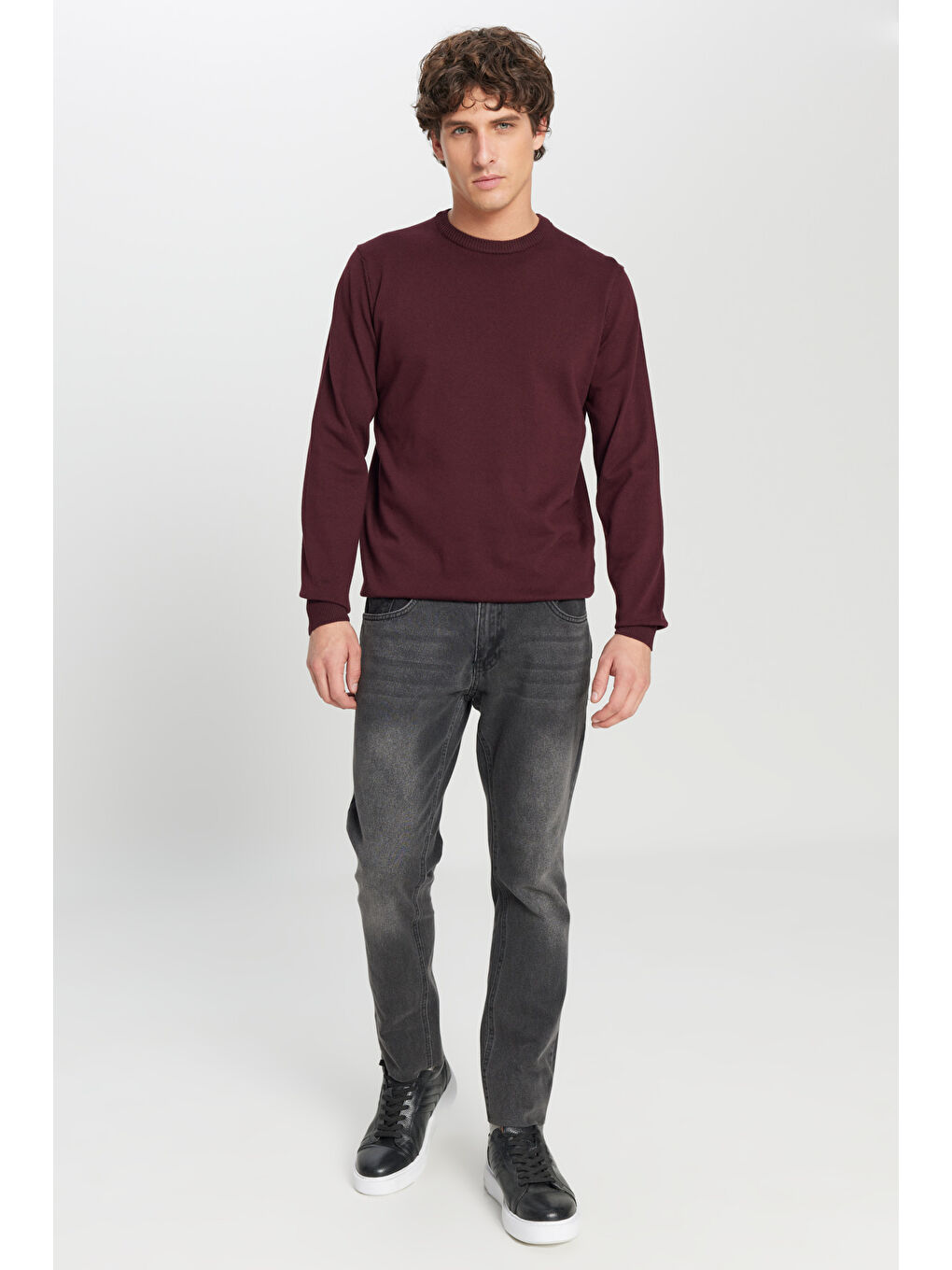 Erkek Bordo Pamuklu Standart Fit Normal Kesim Bisiklet Yaka Triko Kazak-1