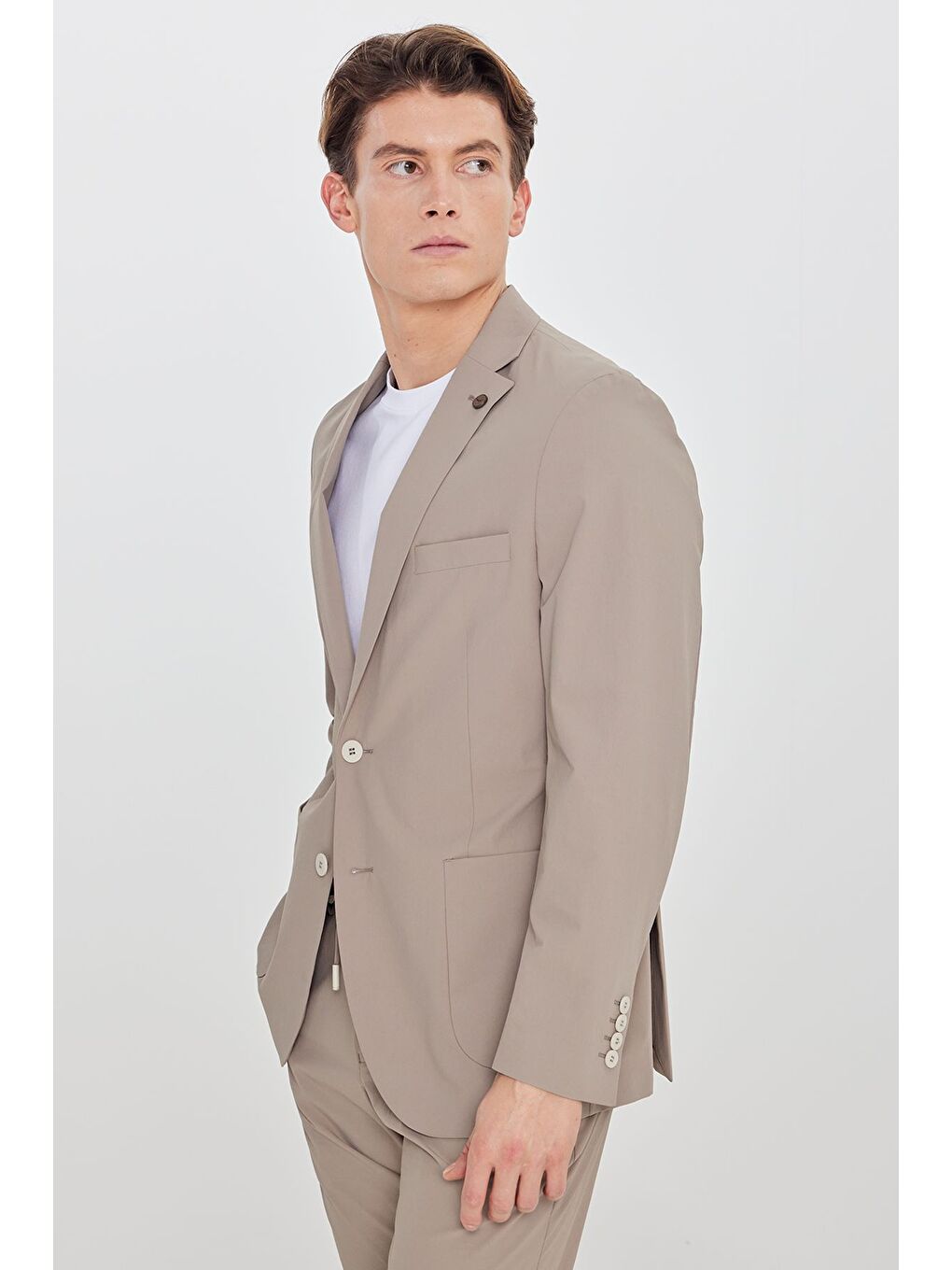 Erkek Bej Slim Fit Dar Kesim Mono Yaka Torba Cepli Esnek Takım Elbise