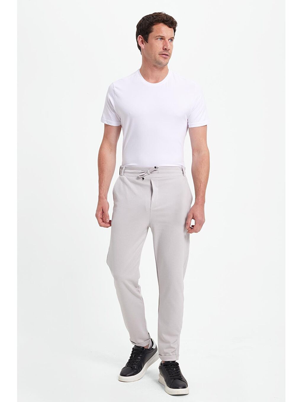 Erkek Slim Fit Pamuklu Beli Bağlamalı Yan Cepli Katlamalı Paça Jogger Gri Pantolon-5