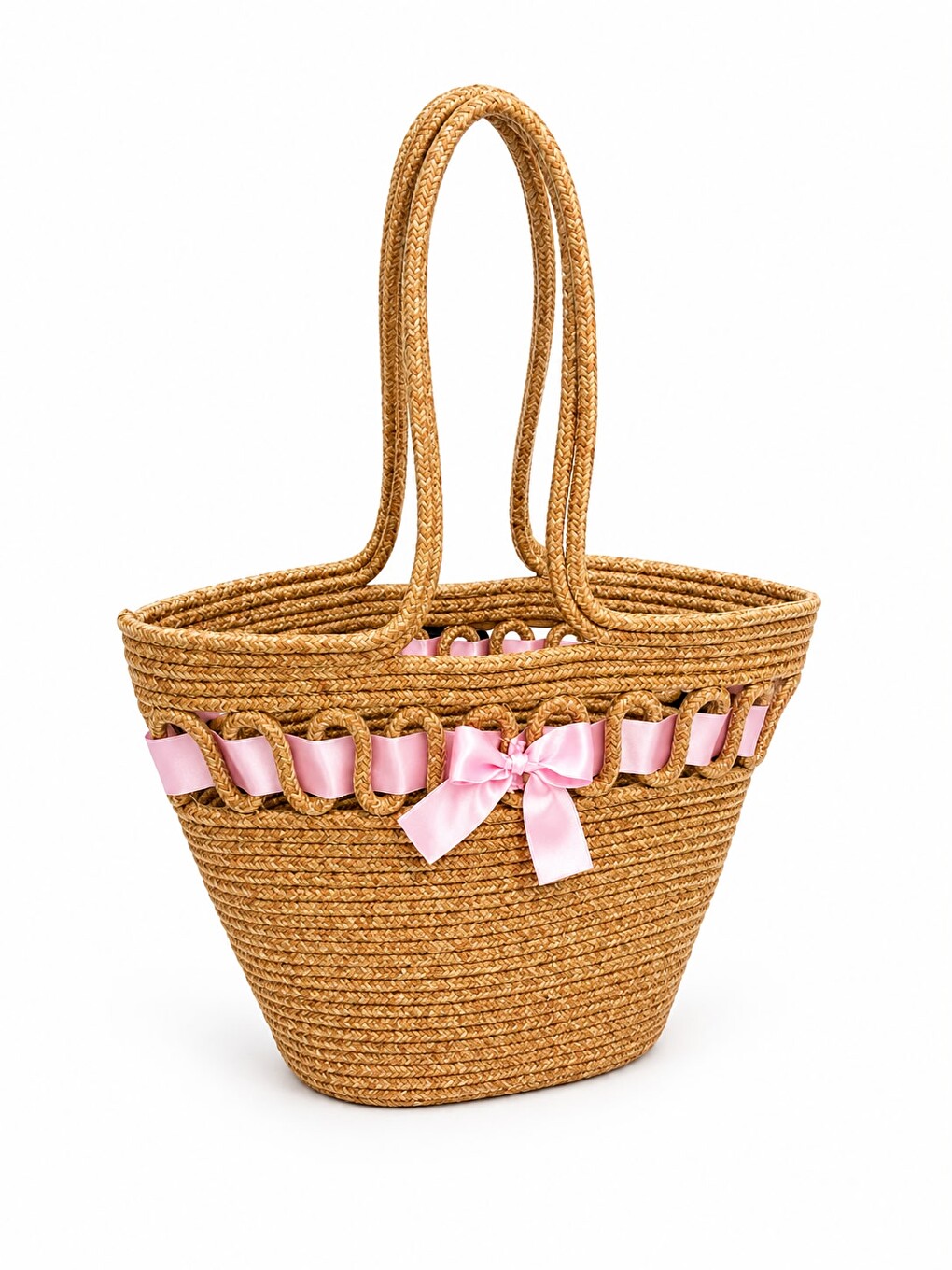 Pembe Kurdele Detaylı Geniş Plaj Hasır Kadın Kol Çanta Debra Pudra-1