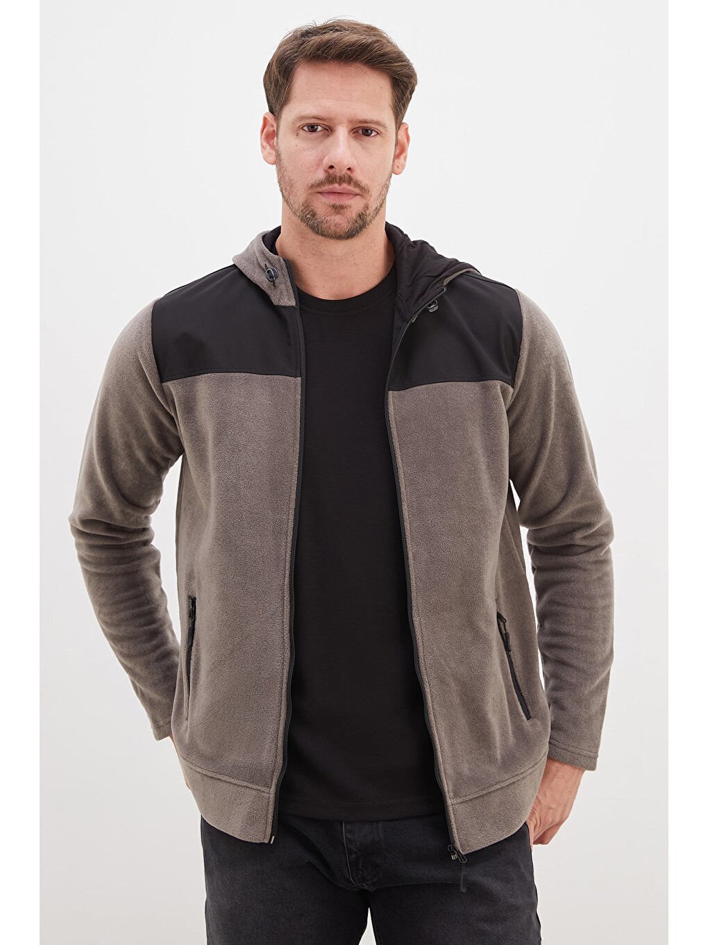 Gri Fermuarlı Kapüşonlu Polar Sweatshirt