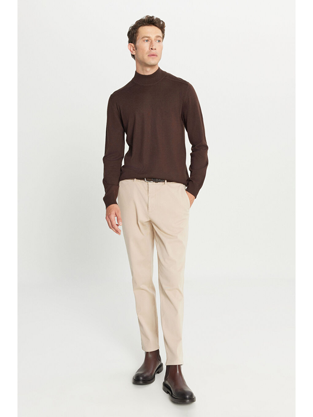 Erkek Bej Pamuklu Slim Fit Dar Kesim Yan Cepli Casual Esnek Pantolon-1