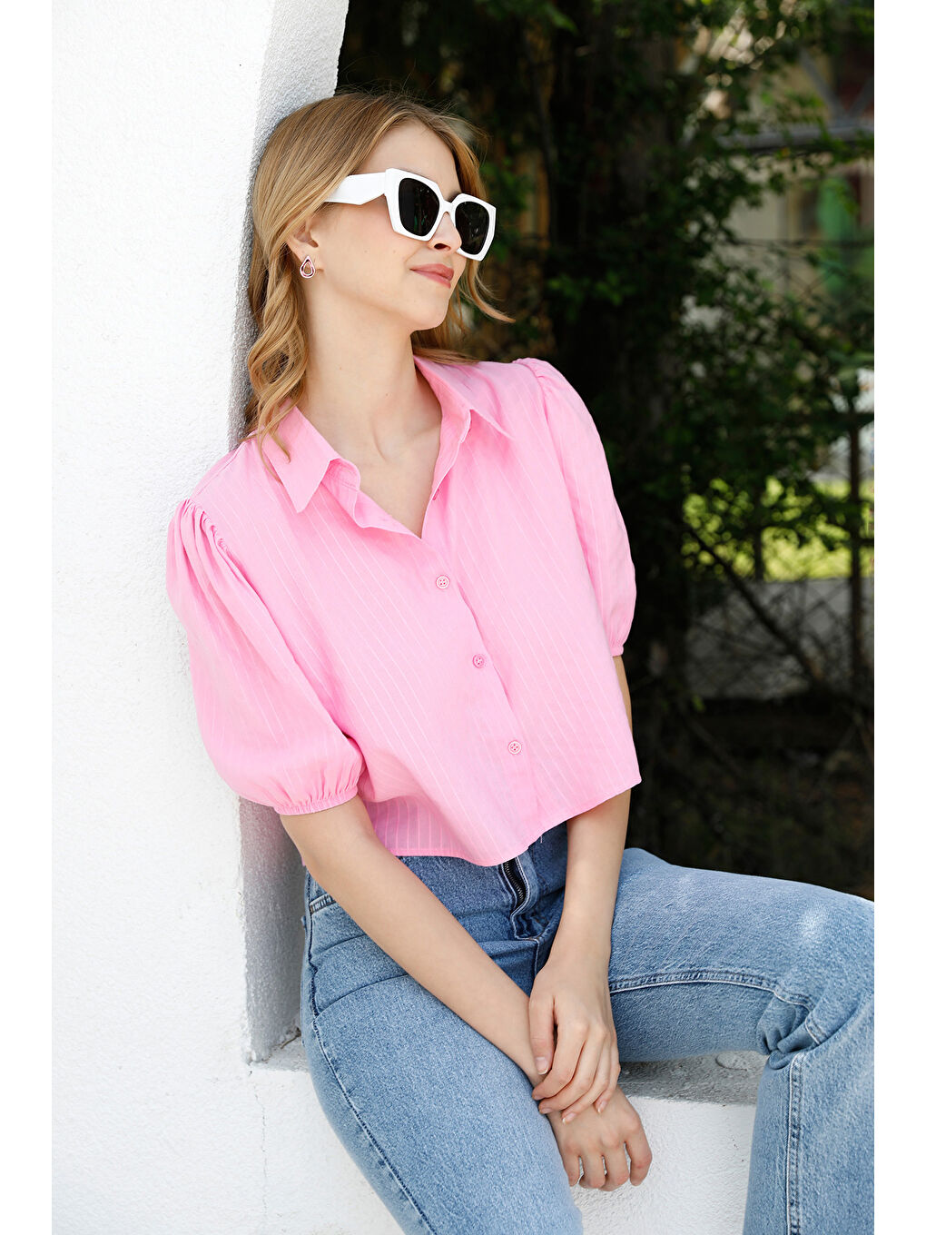 Pembe Çizgili Balon Kol Crop Gömlek-2