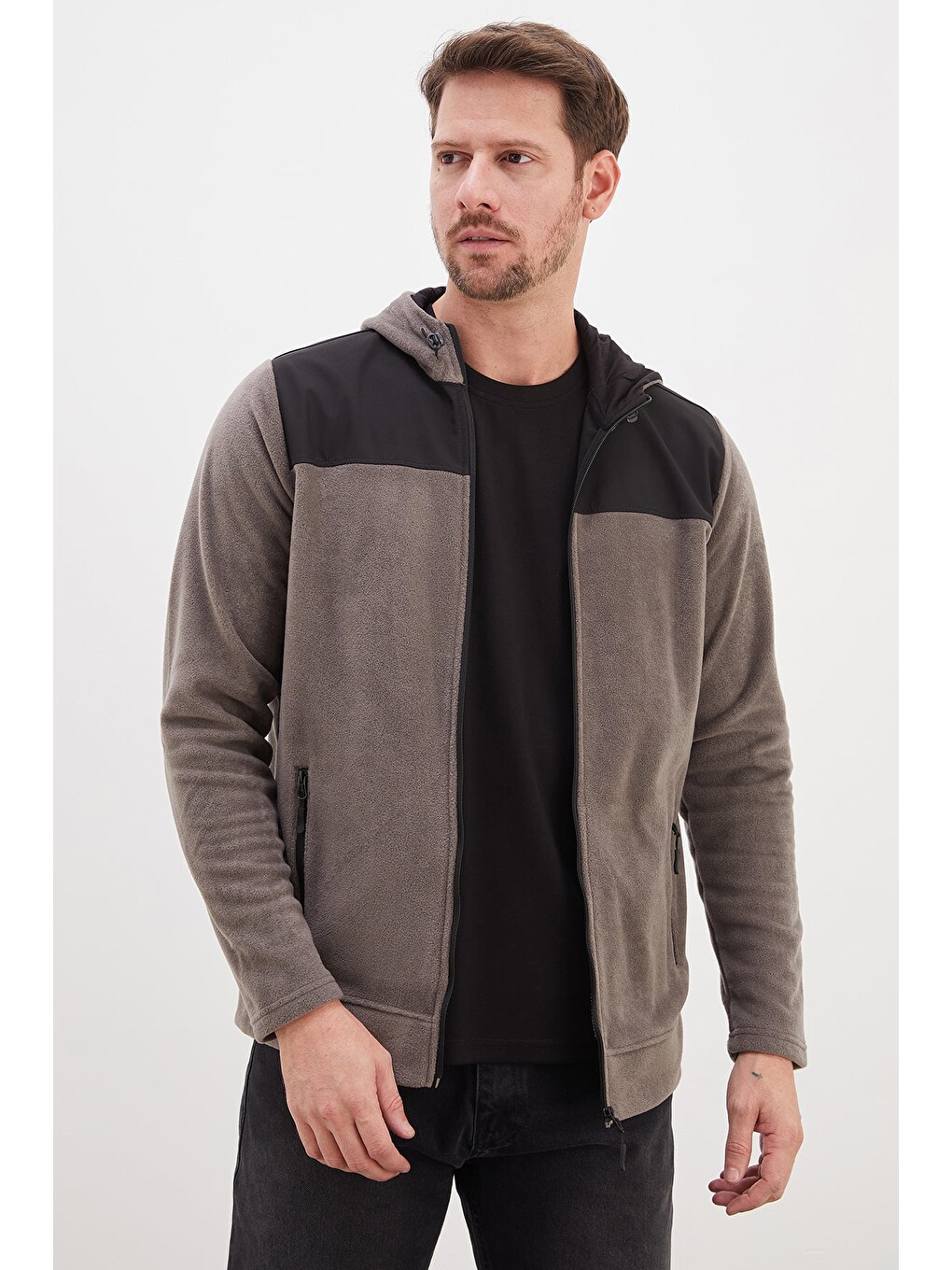 Gri Fermuarlı Kapüşonlu Polar Sweatshirt-1