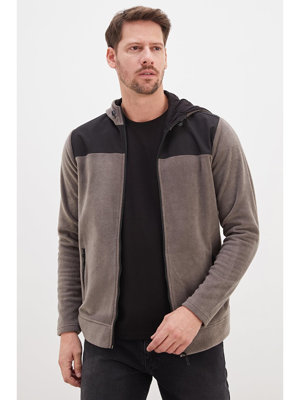 Gri Fermuarlı Kapüşonlu Polar Sweatshirt-2