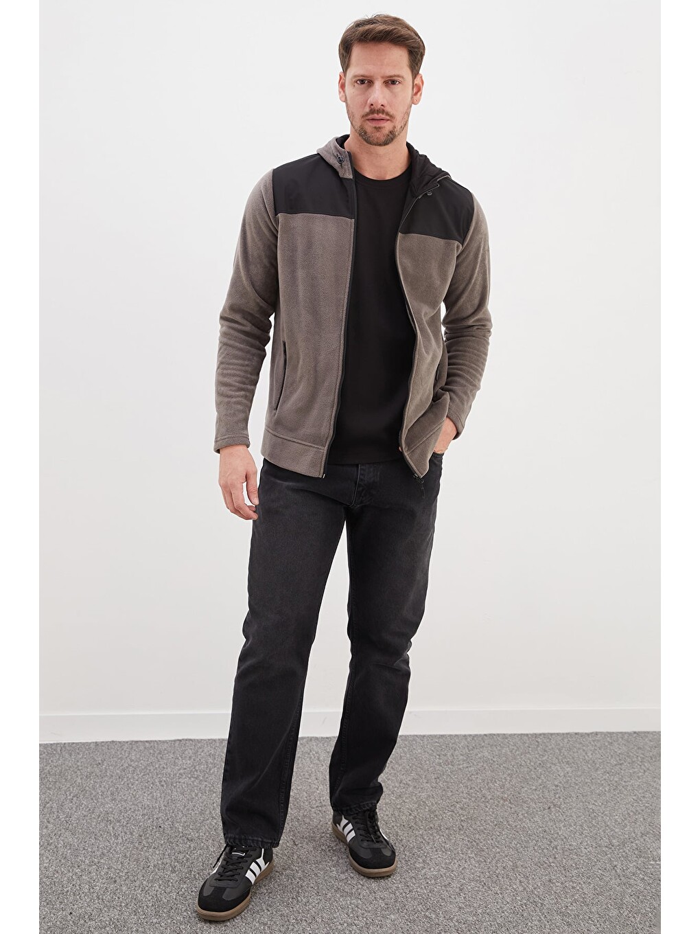Gri Fermuarlı Kapüşonlu Polar Sweatshirt-3