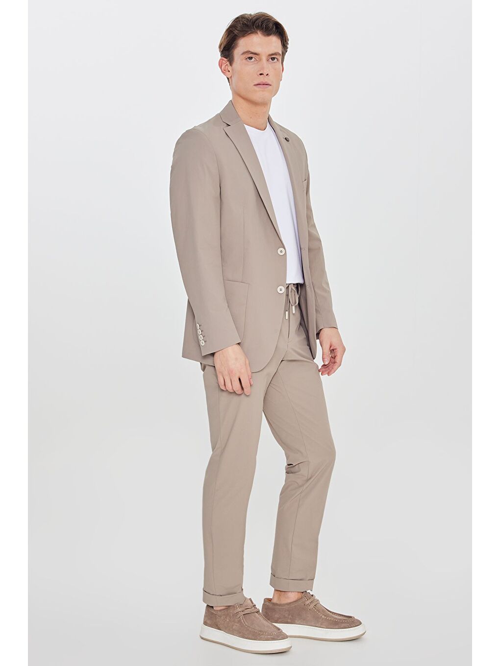 Erkek Bej Slim Fit Dar Kesim Mono Yaka Torba Cepli Esnek Takım Elbise-1